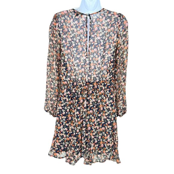 Trixxi Floral Sheer Long Sleeve V-Neck Mini Dress Navy Blue Orange Size Small - Picture 8 of 12